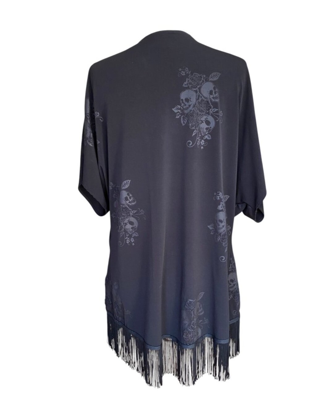 Hot Topic Black Skull Rose Burnout Print Fringe Kimono Cardigan Whimsigoth-XL - Picture 7 of 9